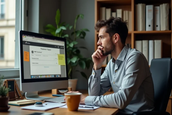 Homme à son bureau à domicile tentant de réinitialiser son mot de passe sur un portail intranet municipal