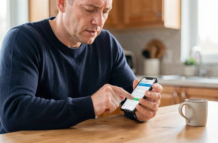 Homme consultant son application My Arkevia sur smartphone pour résoudre un problème d'accès à sa fiche de paie