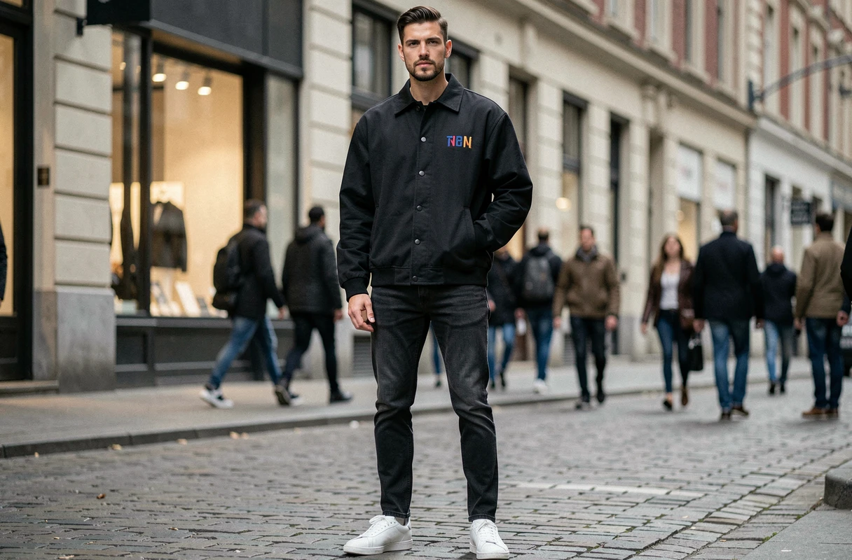 Elegant man in oversized jacket with embroidered logo posing in a cobbled urban street, illustrating the style of Y clothing brands