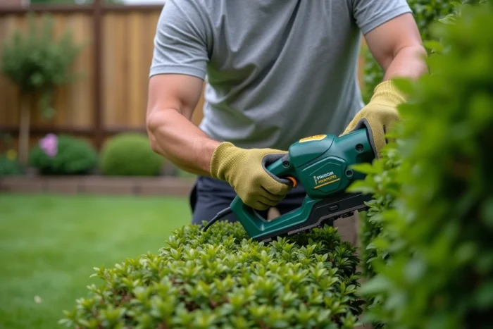 Homme utilisant un taille-haie électrique filaire pour tailler une haie verte dans un jardin bien entretenu