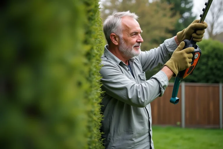 Homme utilisant un taille-haie télescopique pour tailler une grande haie dans un jardin soigné