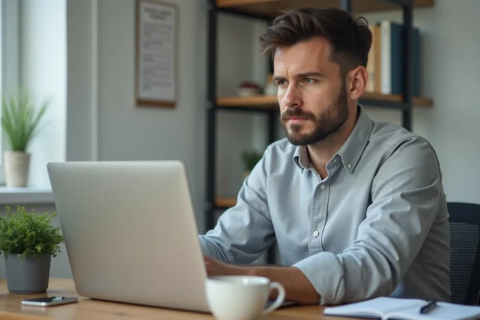 Homme en télétravail créant un modèle de devis professionnel sur ordinateur portable dans un bureau à domicile