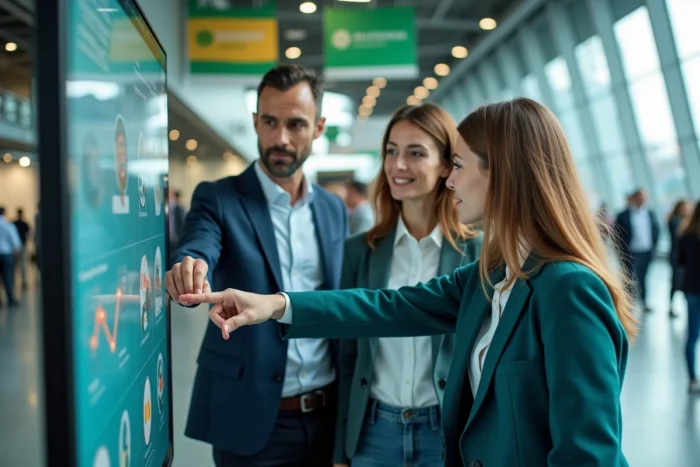 Professionnels découvrant des solutions innovantes de gestion des déchets lors d'un salon au Luxembourg