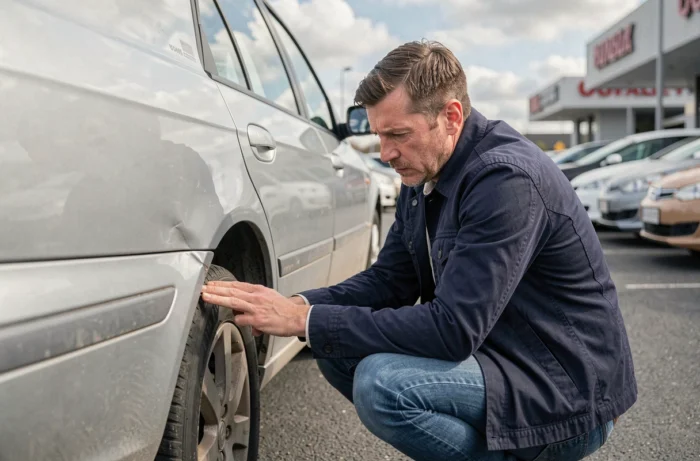 Homme inspectant la carrosserie d'une voiture d'occasion dans un parking de concessionnaire