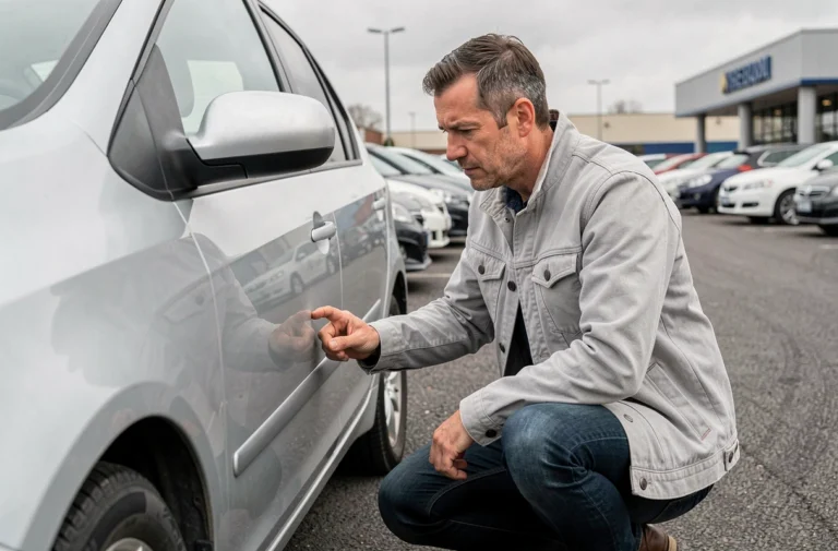 Homme inspectant la carrosserie d'une voiture d'occasion dans un lot de concessionnaire automobile