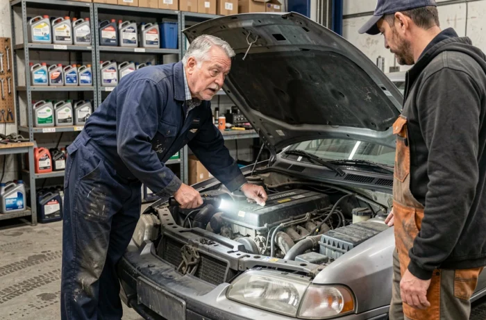 Mécanicien effectuant une inspection mécanique d'une voiture d'occasion avant achat dans un garage