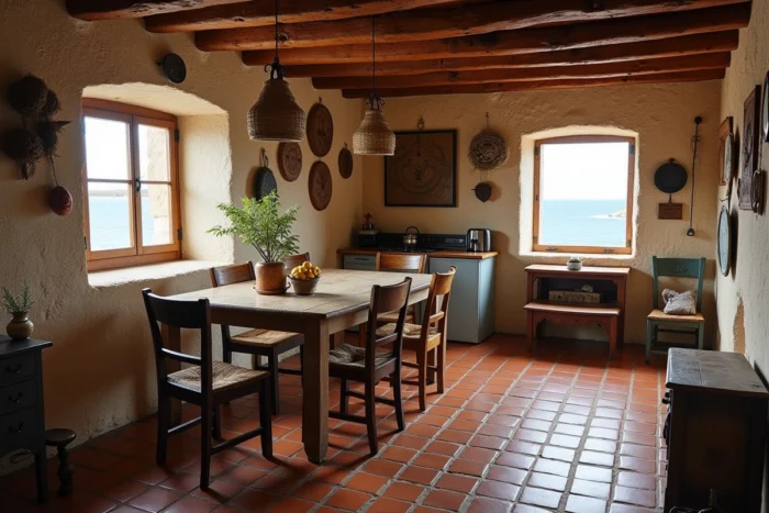 Intérieur rustique d'une maison de pêcheur portugaise avec sol en tomettes, murs en pierre et filets de pêche décoratifs