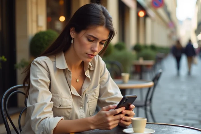Jeune femme en terrasse de café vérifiant un numéro suspect sur son téléphone portable