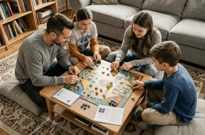 Une famille jouant ensemble à un jeu de société coopératif autour d'une table basse dans leur salon