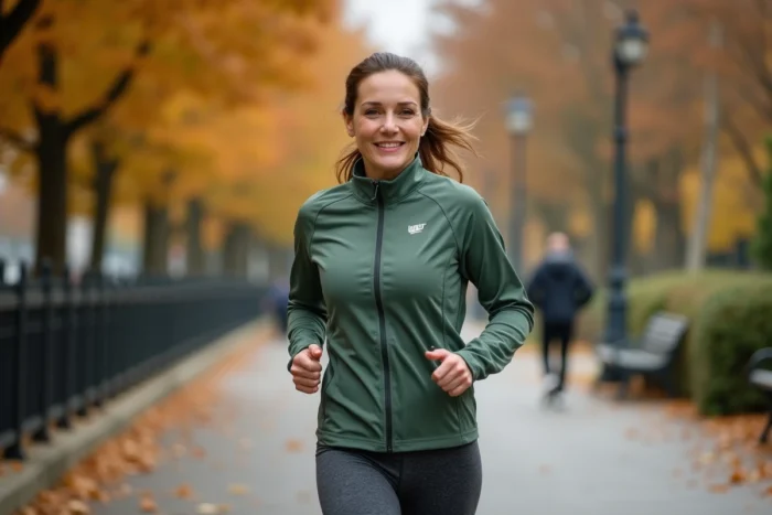 Femme faisant du jogging dans un parc urbain en automne pour prendre soin de sa santé physique et de son bien-être