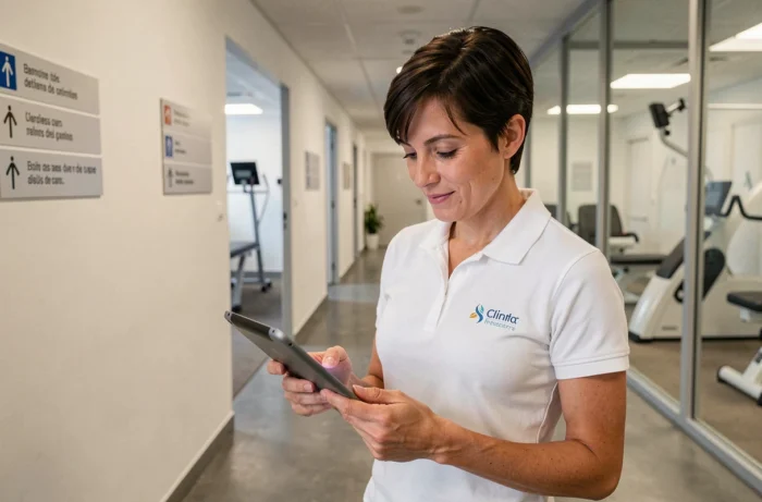 Kinésithérapeute diplômée consultant un programme de rééducation sur tablette dans un centre de soins en France
