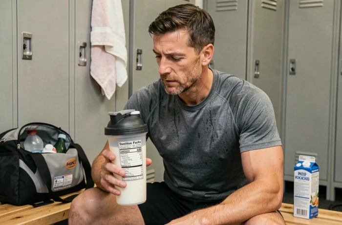 Homme sportif en salle de sport lisant l'étiquette nutritionnelle d'un lait riche en protéines après l'entraînement