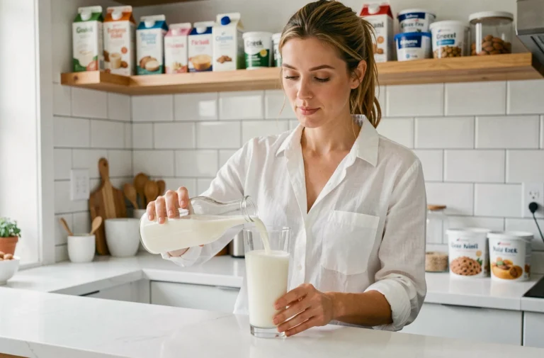 Femme versant du lait de vache riche en protéines dans un verre dans une cuisine moderne avec des produits laitiers en arrière-plan