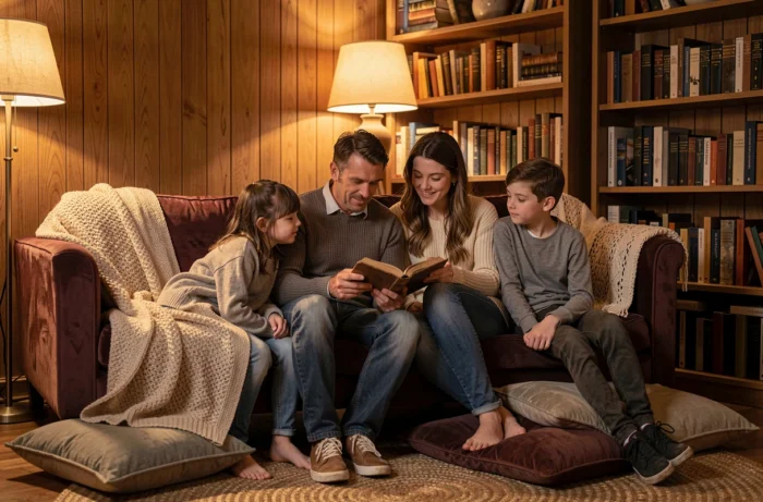 Une famille réunie le soir dans le salon pour une séance de lecture à voix haute alternée autour d'un livre commun