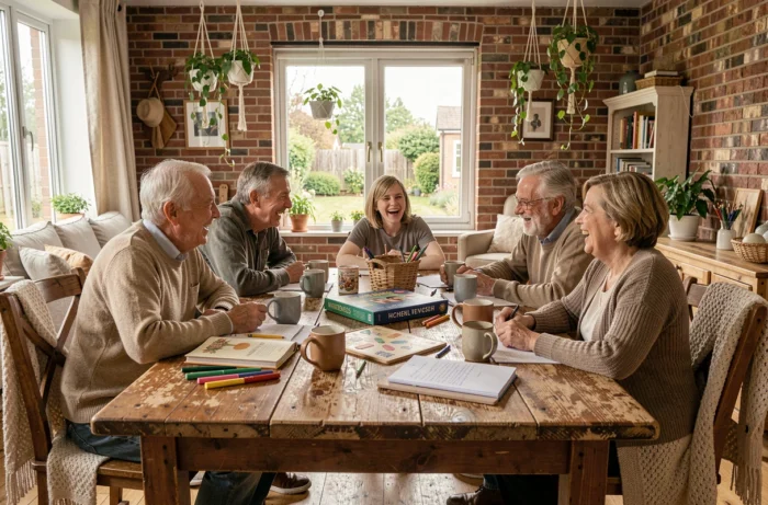 Une famille multigénérationnelle rassemblée autour d'une grande table en bois avec des activités variées symbolisant les liens familiaux au quotidien