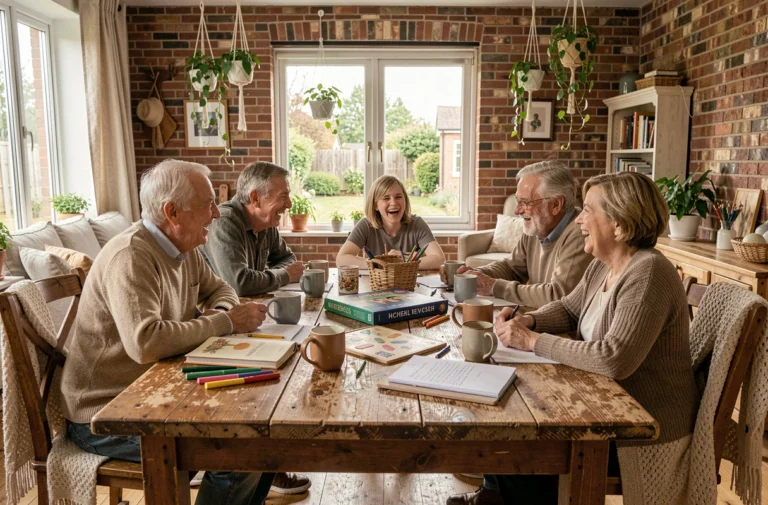 Une famille multigénérationnelle rassemblée autour d'une grande table en bois avec des activités variées symbolisant les liens familiaux au quotidien