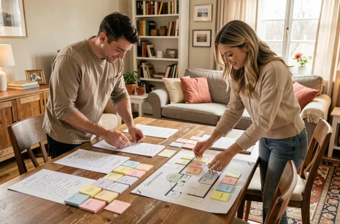Un couple finalise la liste d'invités sur une grande table avant de choisir leur lieu de réception.