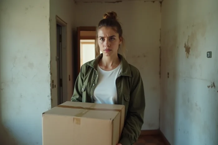 Locataire inquiète dans un couloir d'appartement avec cartons lors d'une location non déclarée