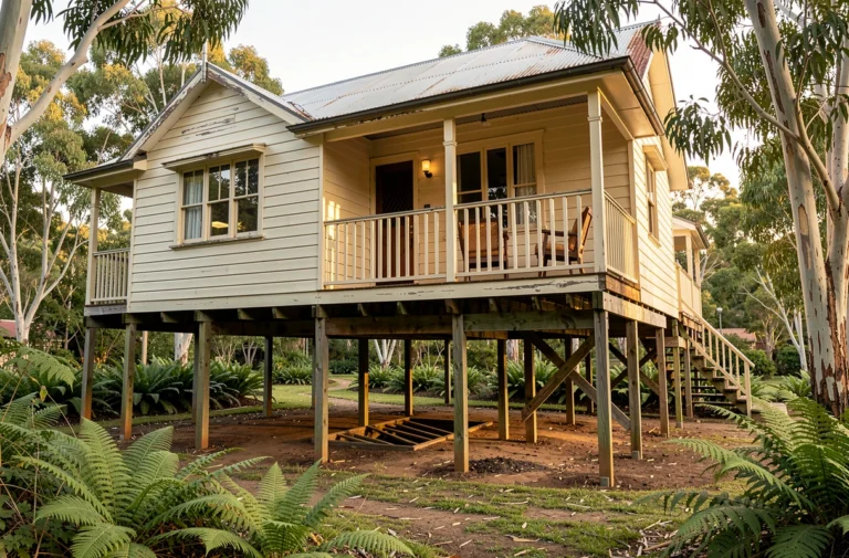 Maison australienne traditionnelle en bois sur pilotis entourée de végétation subtropicale, vue en contre-plongée révélant l'espace ventilé sous le plancher