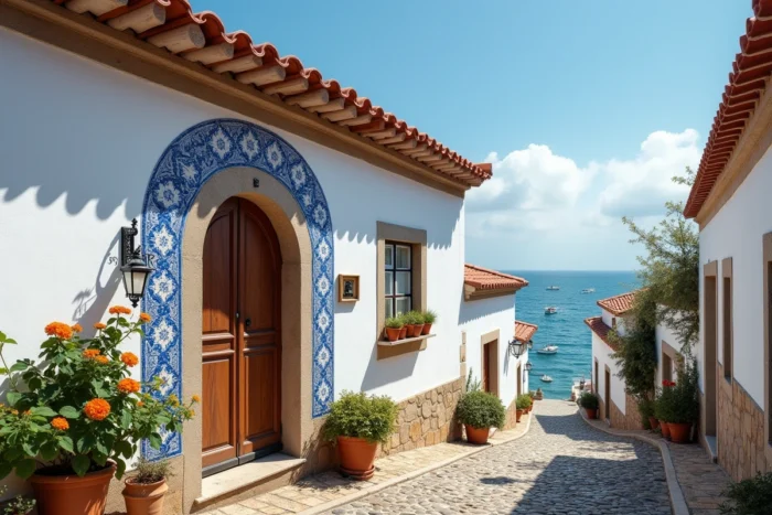 Maison de pêcheur traditionnelle portugaise avec façade blanchie à la chaux, tuiles en terre cuite et carreaux azulejos bleus dans un village côtier