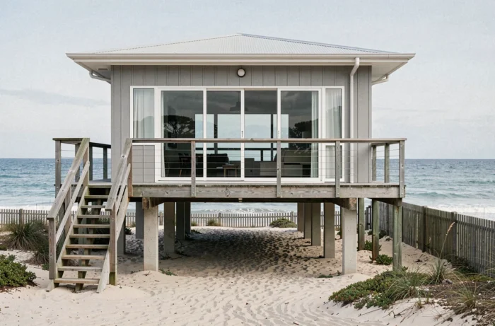 Maison de plage australienne moderne sur pilotis en béton avec vue sur l'océan, montrant l'espace surélevé permettant la circulation de l'air marin