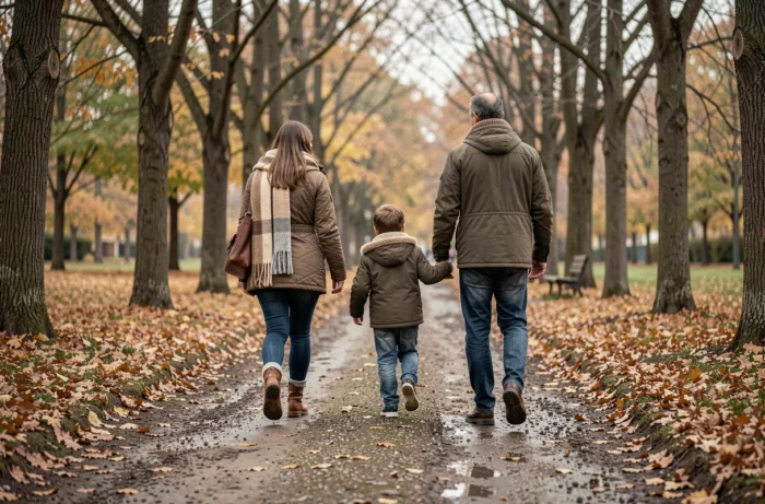 Une famille se promenant ensemble sur un chemin de parc en automne lors de leur marche quotidienne sans destination fixe