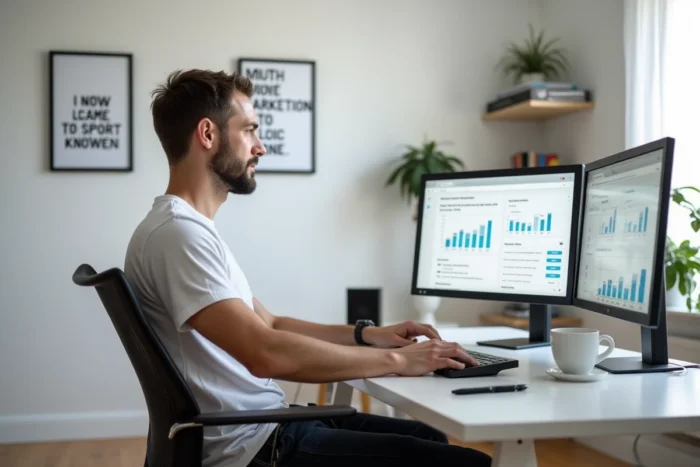 Homme analysant un tableau de bord de marketing d'affiliation sur deux écrans dans un bureau minimaliste, avec rapports de commissions et article de blog visibles