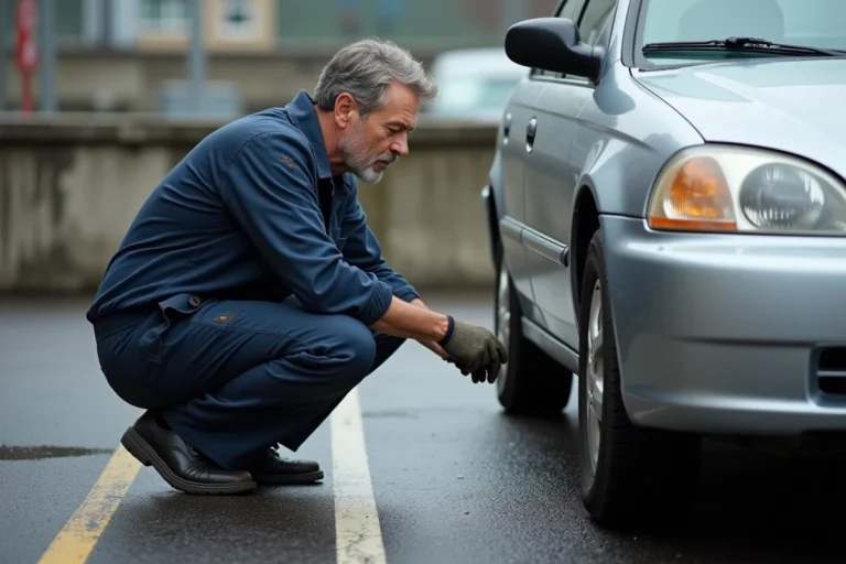 Mécanicien inspectant l'orientation des roues d'une voiture garée en stationnement prolongé