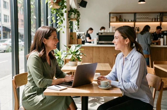Deux femmes entrepreneures en session de mentorat dans un café lumineux