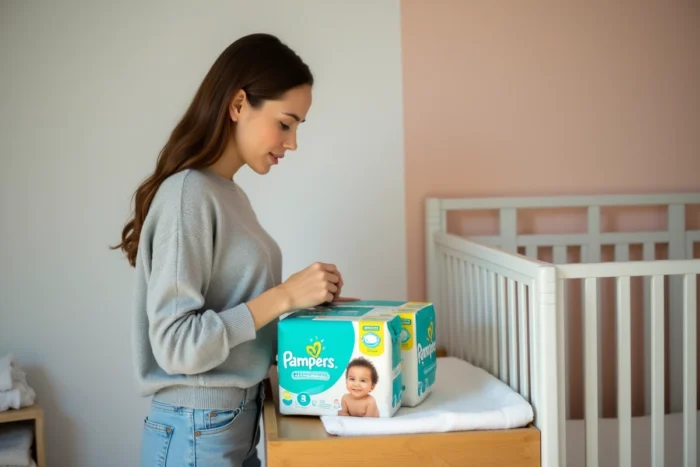 Mère comparant les couches Pampers Harmonie et Premium Protection sur une table à langer dans une chambre de bébé moderne