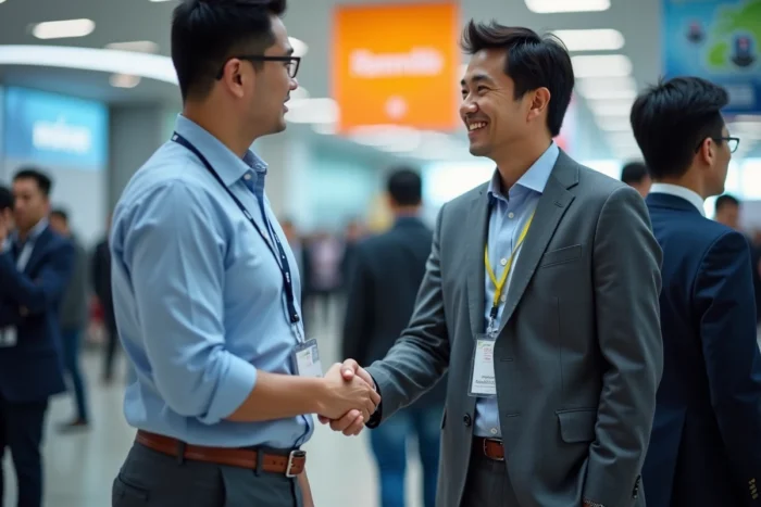 Professionnel francophone serrant la main d'un partenaire international lors d'un événement de networking