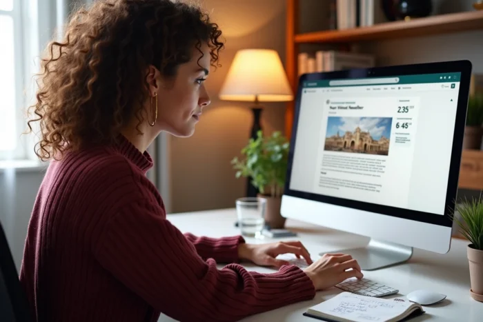 Femme aux cheveux bouclés rédigeant une newsletter payante sur son ordinateur de bureau dans un bureau à domicile chaleureux avec statistiques d'abonnés visibles