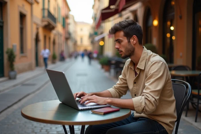 Jeune professionnel francophone travaillant en nomade numérique dans un café à l'étranger avec passeport et ordinateur