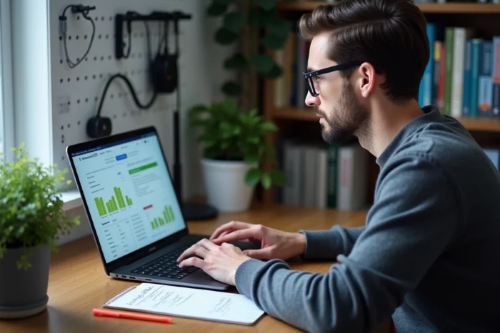 Homme à lunettes consultant un rapport d'audit SEO sur son ordinateur portable avec notes manuscrites d'optimisation, illustrant l'optimisation SEO des articles de blog