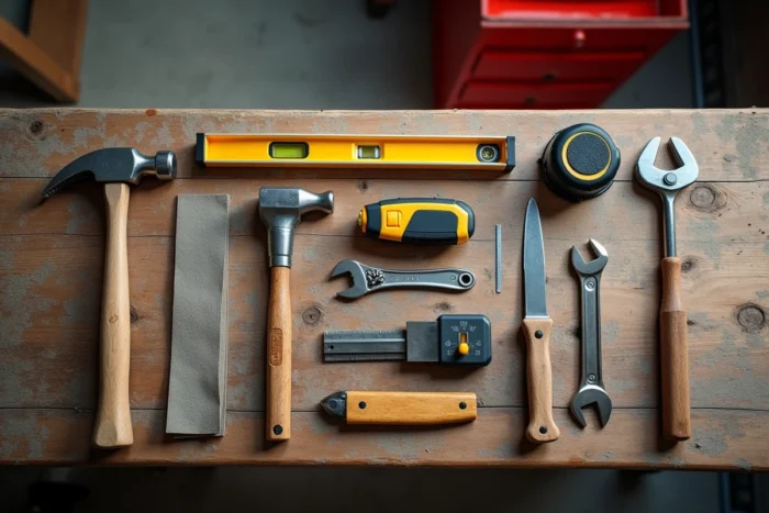 Vue aérienne d'un assortiment d'outils à main essentiels pour le bricolage posés sur un établi en bois usé