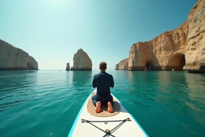 Homme en combinaison de plongée sur un paddleboard dans une baie côtière turquoise, activité nautique incontournable à découvrir