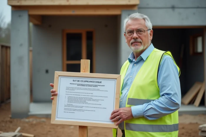 Homme en gilet de sécurité tenant un panneau de déclaration de travaux affiché devant une maison en construction