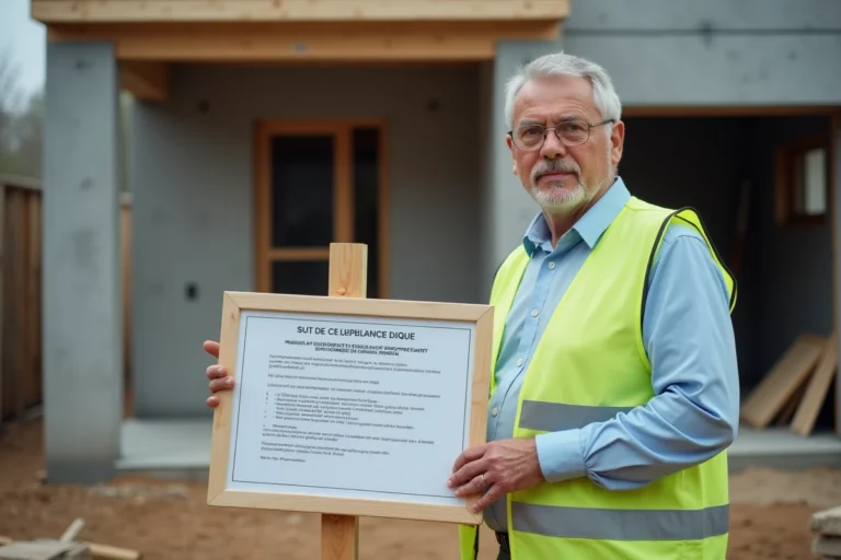 Homme en gilet de sécurité tenant un panneau de déclaration de travaux affiché devant une maison en construction