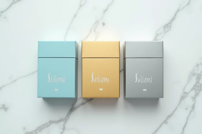 Rangée de paquets de cigarettes slim aux couleurs distinctes sur marbre blanc, illustrant les différences de coloris et de finition entre les variantes