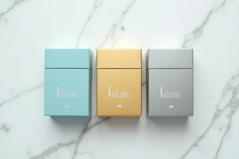 Rangée de paquets de cigarettes slim aux couleurs distinctes sur marbre blanc, illustrant les différences de coloris et de finition entre les variantes