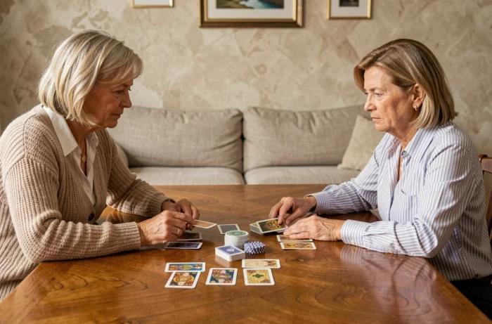 Deux femmes jouant au 8 américain avec intensité autour d'une table élégante, illustrant les stratégies avancées du jeu