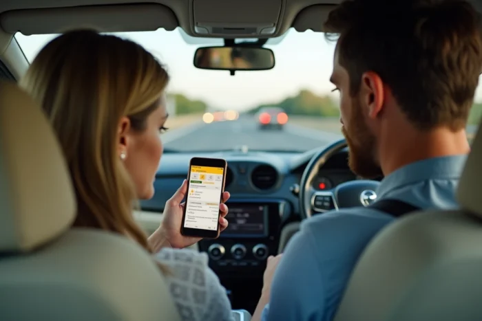 Deux passagers en covoiturage consultant les détails de leur trajet et les économies réalisées sur BlaBlaCar