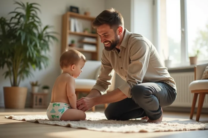 Père qui met une couche Pampers à son bébé dans un salon de style scandinave chaleureux