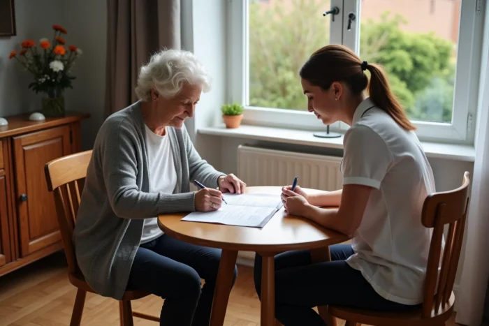Personne âgée et aide à domicile remplissant ensemble un formulaire CESU chèque domicile pour le paiement de services à la personne