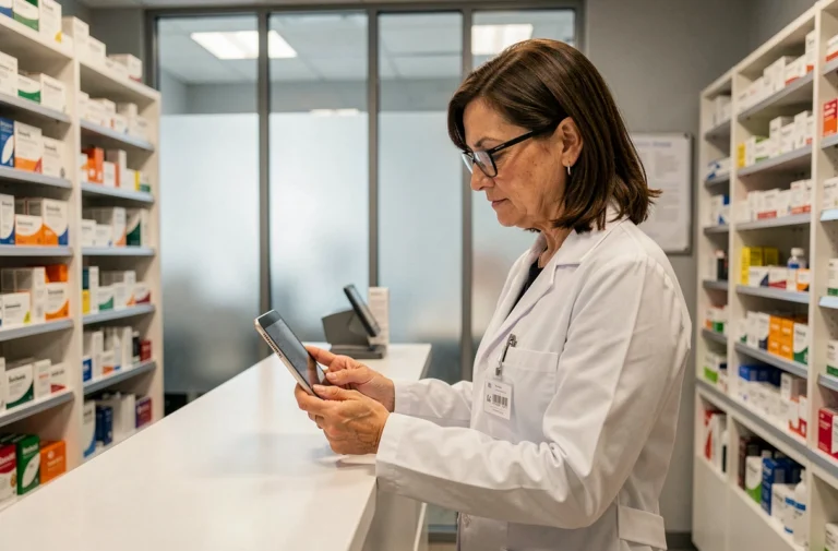 Pharmacienne professionnelle consultant une tablette numérique dans une pharmacie moderne avec des rayonnages de médicaments organisés