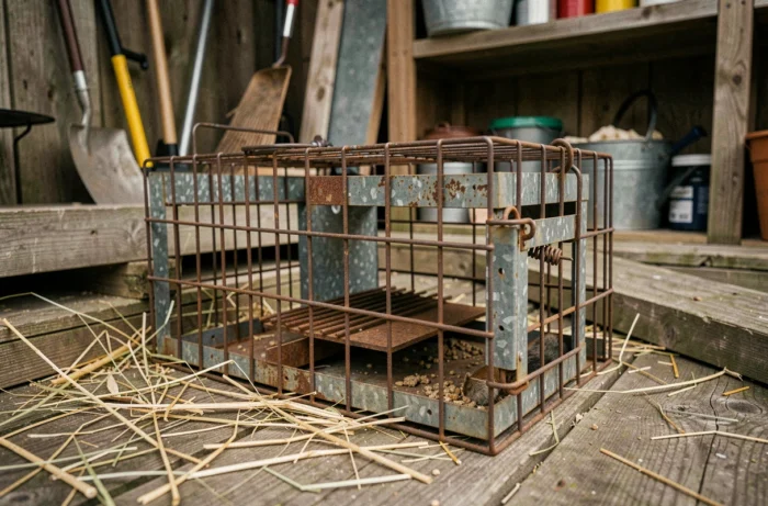 Piège à fouine en cage métallique posé sur le sol d'un hangar en bois, mécanisme de déclenchement visible, idéal pour capturer une fouine sans la blesser