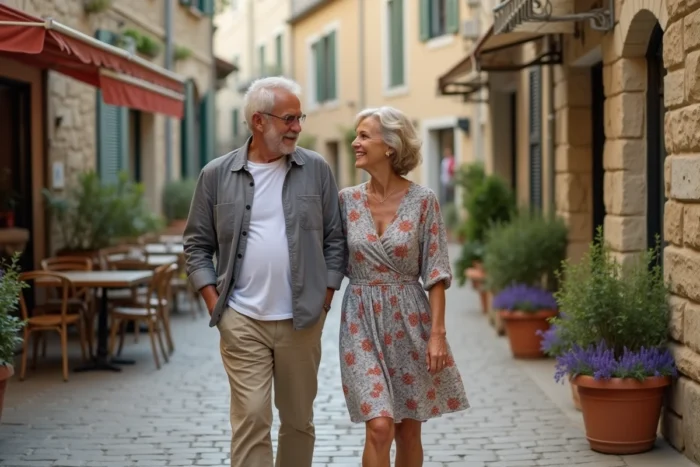 Casal passeando em uma vila francesa pitoresca, ilustrando a vida privada e cúmplice de Michel Platini e Christelle Bigoni