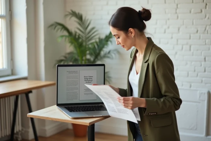 Femme en blazer olive debout à un bureau debout, tenant un plan imprimé et consultant la maquette de couverture d'un produit numérique sur son ordinateur portable
