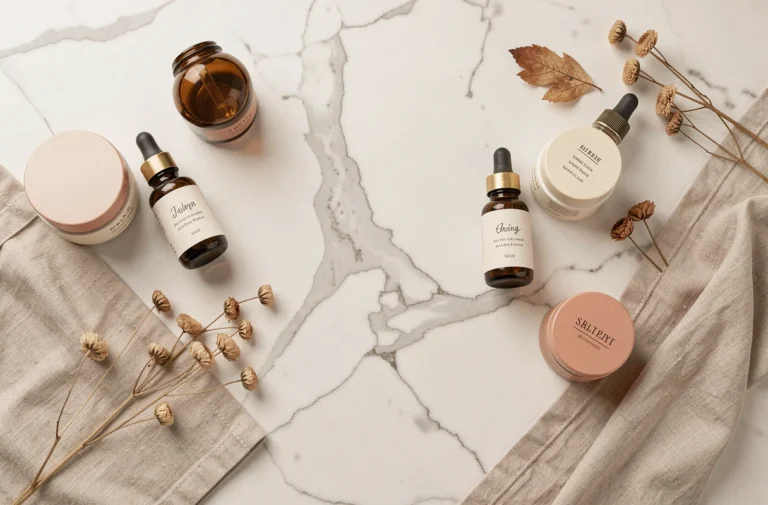 Mise à plat minimaliste de produits de soin en flacons ambrés sur marbre blanc, esthétique épurée inspirée de la marque Typology