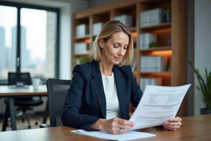 Professionnelle en blazer marine révisant un devis commercial imprimé dans un bureau moderne avec vue urbaine
